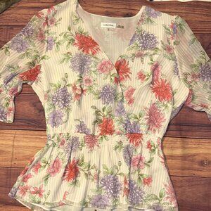 Calvin Klein Floral Wrap-Front Peplum Blouse - Sheer Striped Details